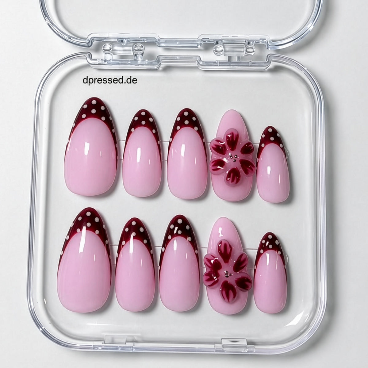 burgundy press on nails with polka dots