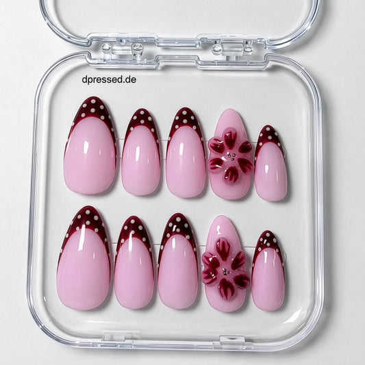 burgundy press on nails with polka dots